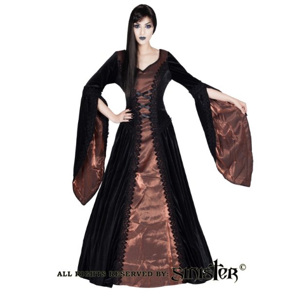 Lange gothic jurk van Sinister model 471 koperkleur