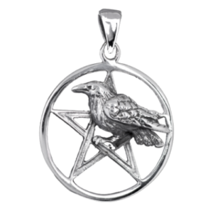 Zilveren hanger pentagram met raaf