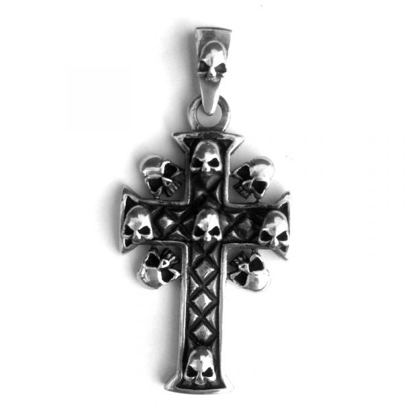 Zilveren hanger kruis met doodskoppen
