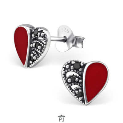 Zilveren oorstekers rood hartje met zirkonia's