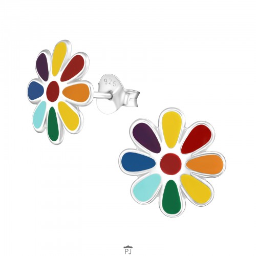 Zilveren oorstekers bloem multicolor