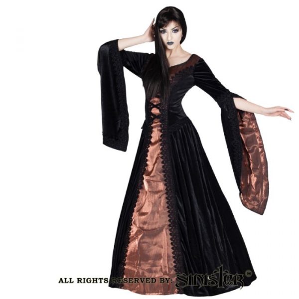 Lange gothic jurk van Sinister koperkleur zwartr