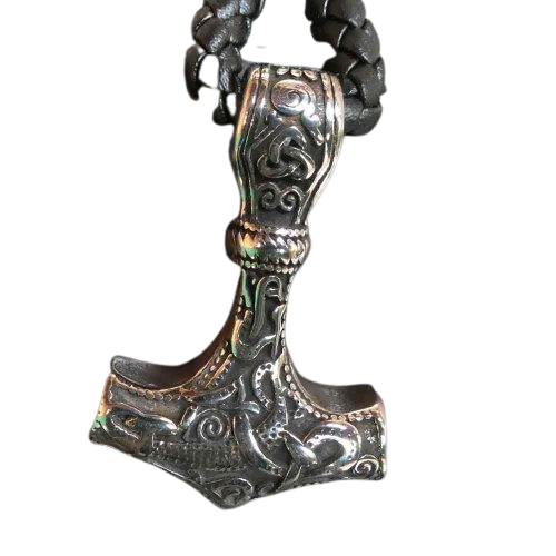 Detail leren armband met rvs Thor's hamer en wolvenkop