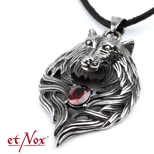 etNox rvs hanger wolvenkop met rode zirkonia